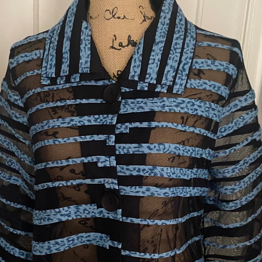 Women's Blue snd Black Sheer Jacket. Long-sleeve, Collar, Evening, Day Fashion M